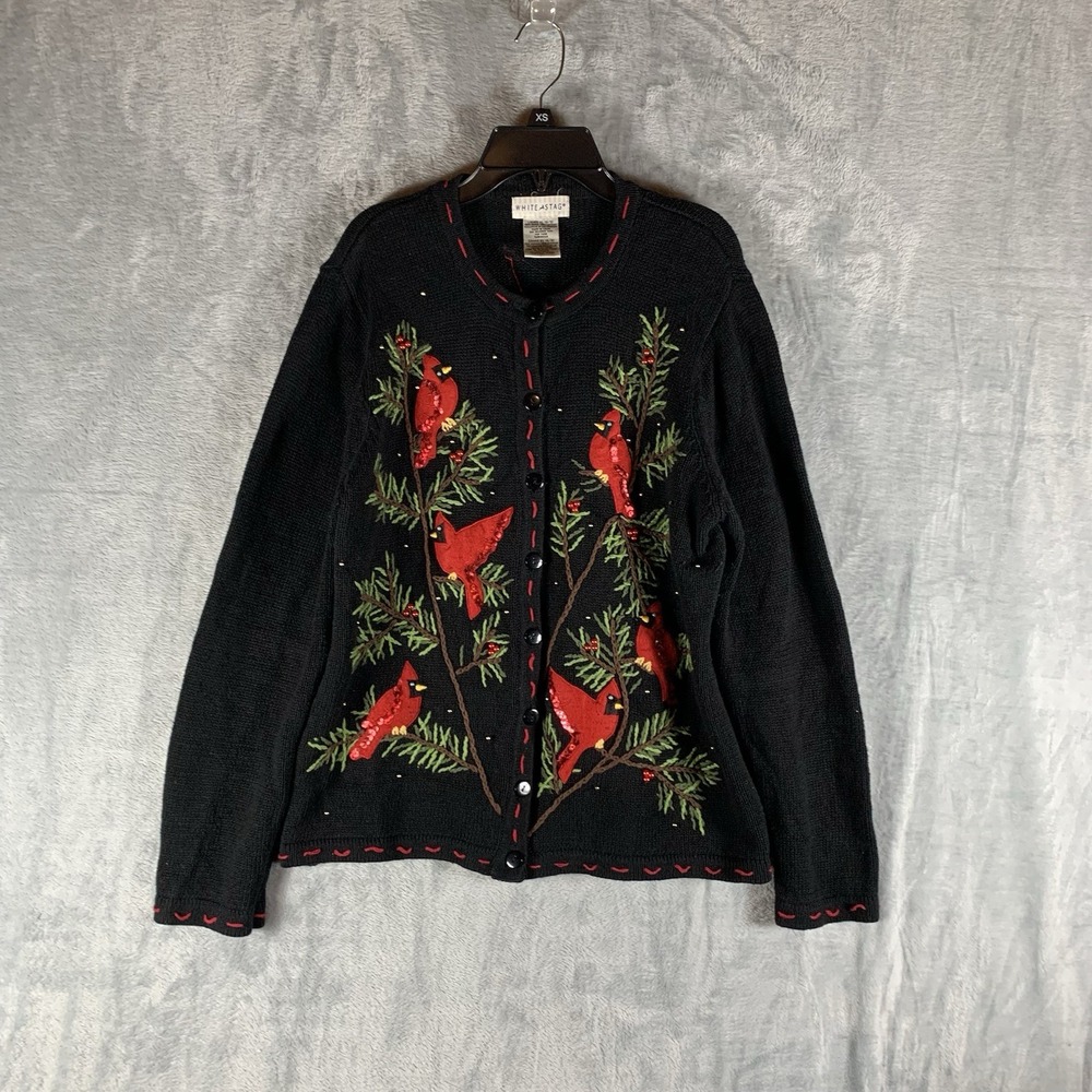 White Stag Womens Cardigan Sweater Button Up Cardinals XL Wool Blend Embroidered